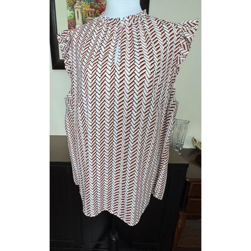 LOFT Plus Sz 18 Ruffle Crew Neck Front Keyhole Flutter Sleeves Pink ZigZag Print